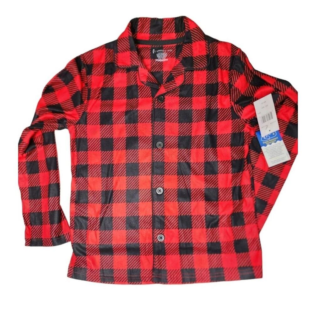 Kids PajamaGram Fleece 2 Piece Red Buffalo Plaid Button Down Pajama Set Sz 8/Med - Picture 2 of 8